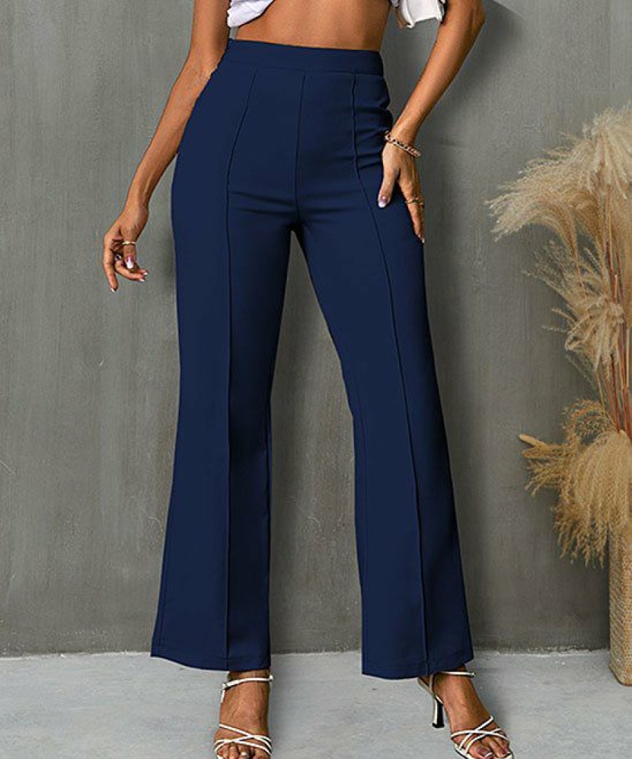 Women * | Deals Izuria Dark Blue Elastic-Waist Straight-Leg Pants Women & Plus