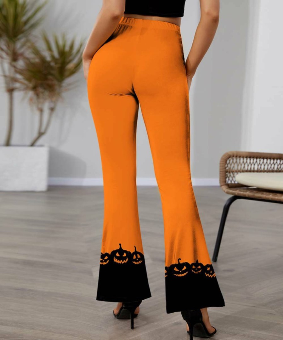 Women * | Outlet Izuria Orange & Black Jack-O'-Lanterns High-Waist Flare Pants Women