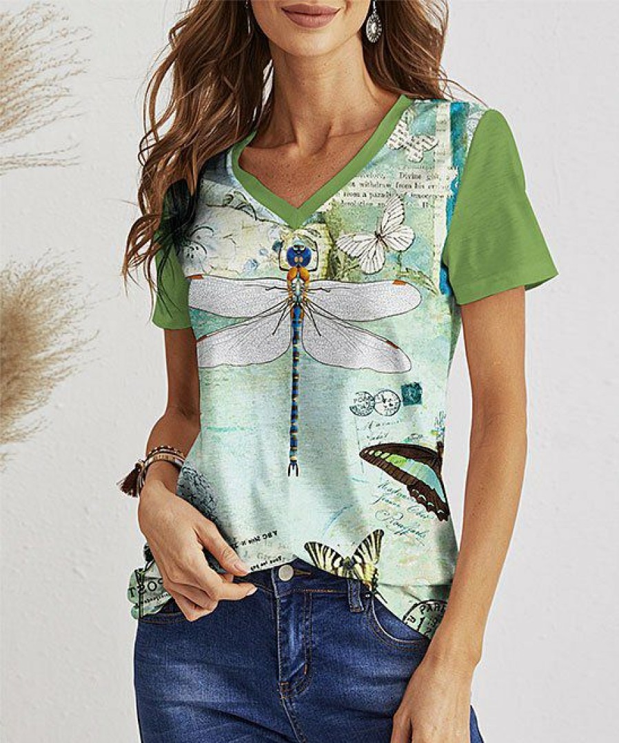 Womens Plus * | Best Reviews Of Izuria Green & White Dragonfly V-Neck Tee Women