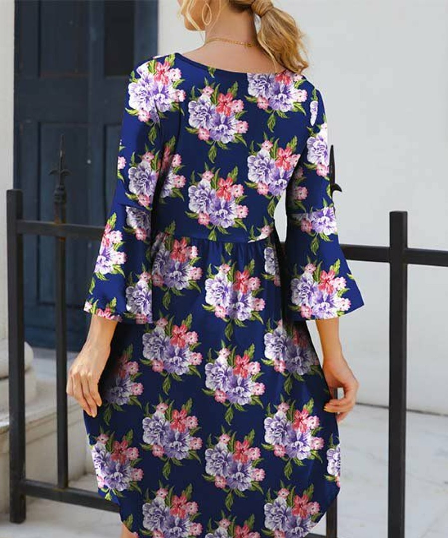 Womens Plus * | New Izuria Blue & Purple Floral Bell-Sleeve Empire-Waist Dress Women