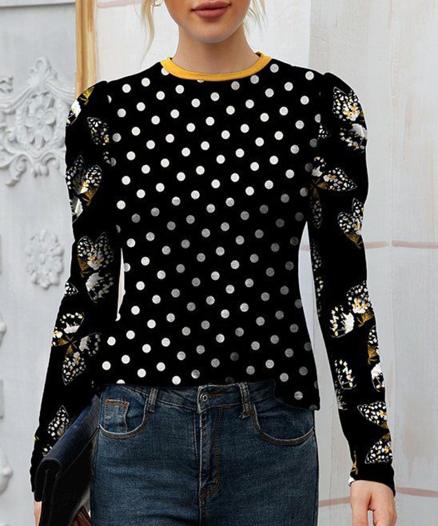 Womens Plus * | Coupon Izuria Black & White Polka Dot Butterfly Mutton-Sleeve Crewneck Top Plus