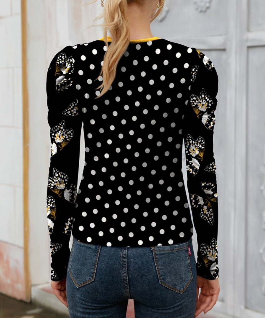 Womens Plus * | Coupon Izuria Black & White Polka Dot Butterfly Mutton-Sleeve Crewneck Top Plus