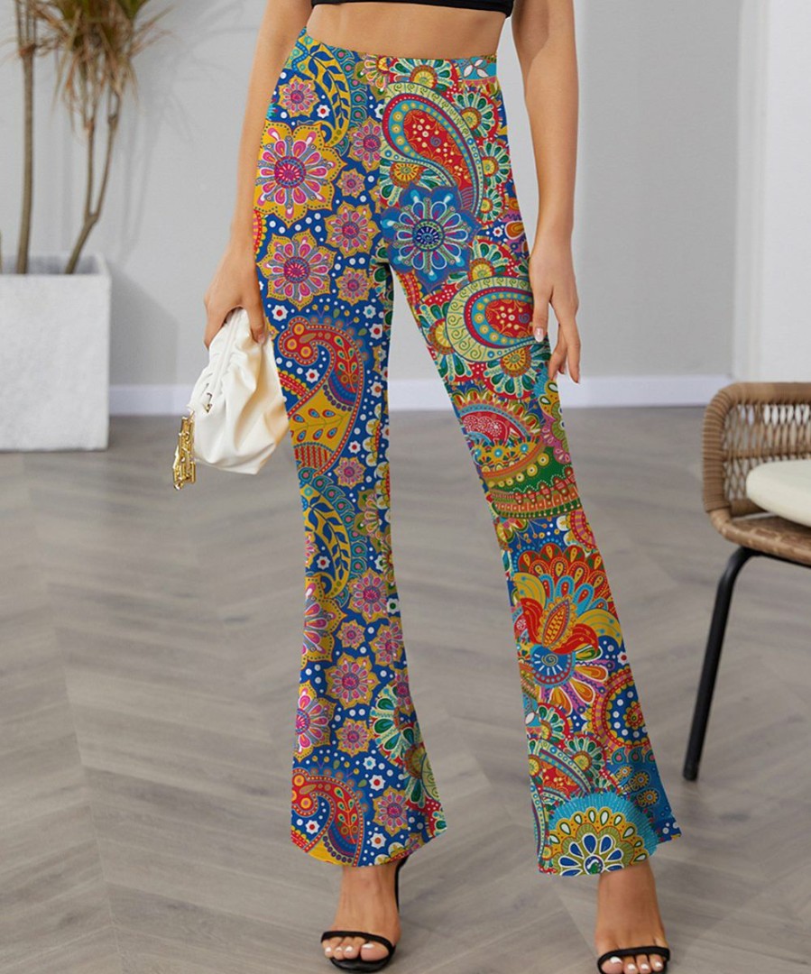 Women * | Cheapest Izuria Blue & Yellow Paisley Elastic-Waist Flare Pants Women