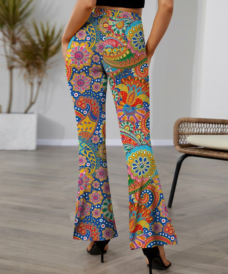 Women * | Cheapest Izuria Blue & Yellow Paisley Elastic-Waist Flare Pants Women