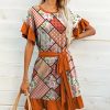 Womens Plus * | Outlet Izuria Orange & Pink Patchwork Belted Shift Dress Women