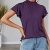 Womens Plus * | Hot Sale Izuria Purple Mock Neck Flutter-Sleeve Top Women