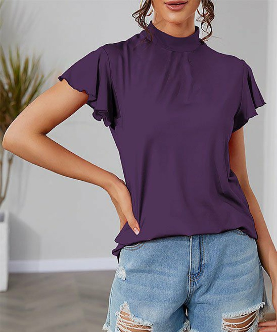 Womens Plus * | Hot Sale Izuria Purple Mock Neck Flutter-Sleeve Top Women