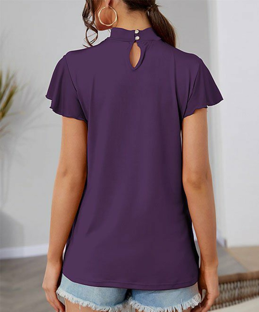 Womens Plus * | Hot Sale Izuria Purple Mock Neck Flutter-Sleeve Top Women