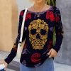 Womens Plus * | Promo Izuria Black & Red Rose Floral Skull Raglan Top Women