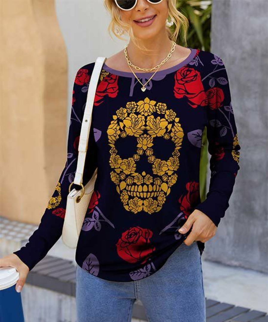 Womens Plus * | Promo Izuria Black & Red Rose Floral Skull Raglan Top Women