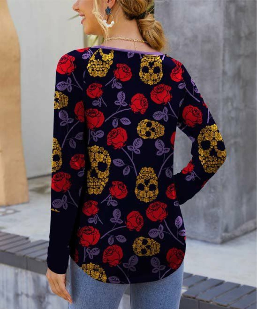 Womens Plus * | Promo Izuria Black & Red Rose Floral Skull Raglan Top Women