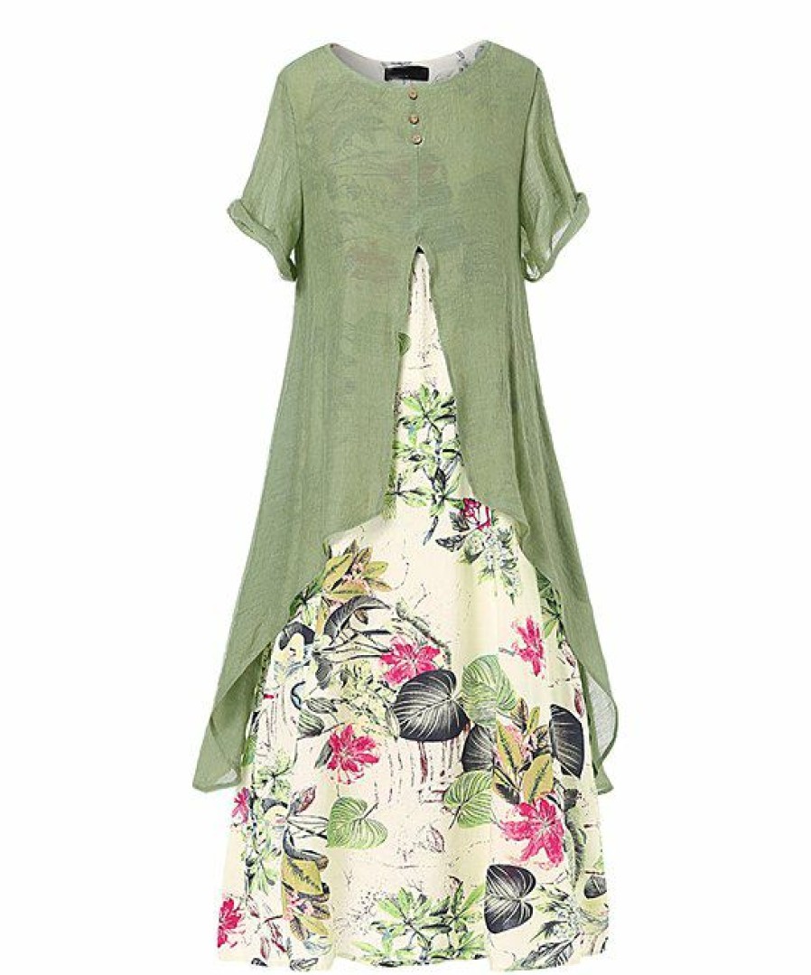 Womens Plus * | Cheapest Izuria Green & Fuchsia Floral Button-Accent Front-Slit Layered Midi Dress Women & Plus