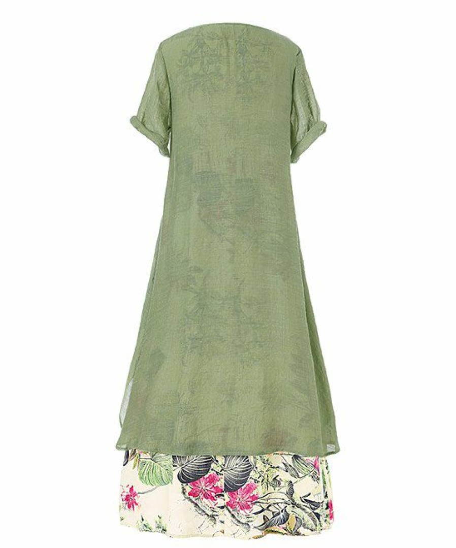 Womens Plus * | Cheapest Izuria Green & Fuchsia Floral Button-Accent Front-Slit Layered Midi Dress Women & Plus