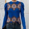 Womens Plus * | Promo Izuria Blue & Brown Classic Floral Crewneck Puff-Sleeve Top Women