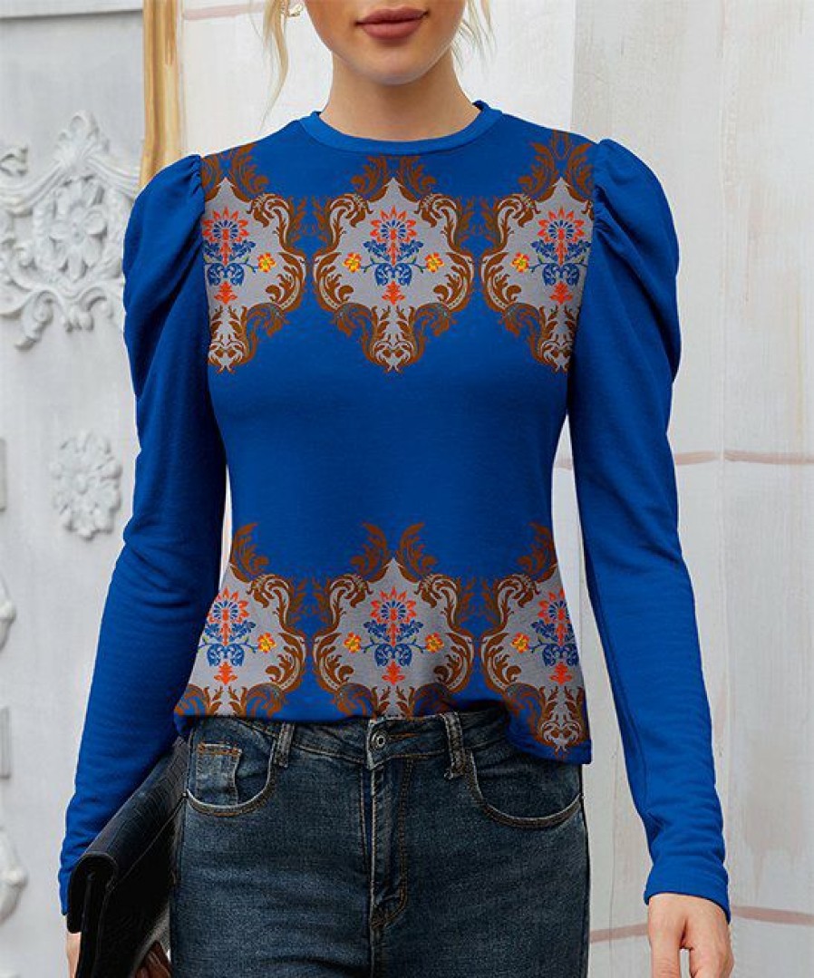 Womens Plus * | Promo Izuria Blue & Brown Classic Floral Crewneck Puff-Sleeve Top Women