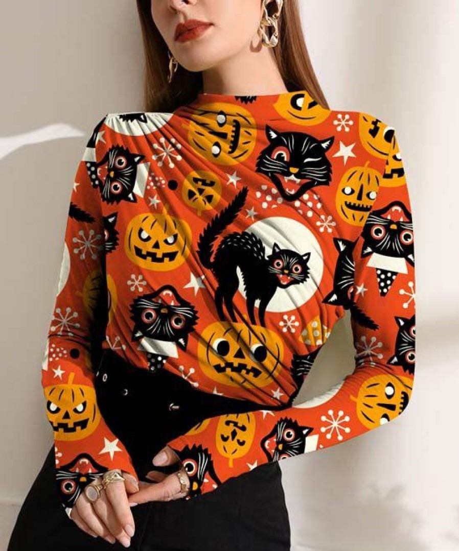 Womens Plus * | New Izuria Orange & Black Pumpkin Cat Ruched Long-Sleeve Top Women