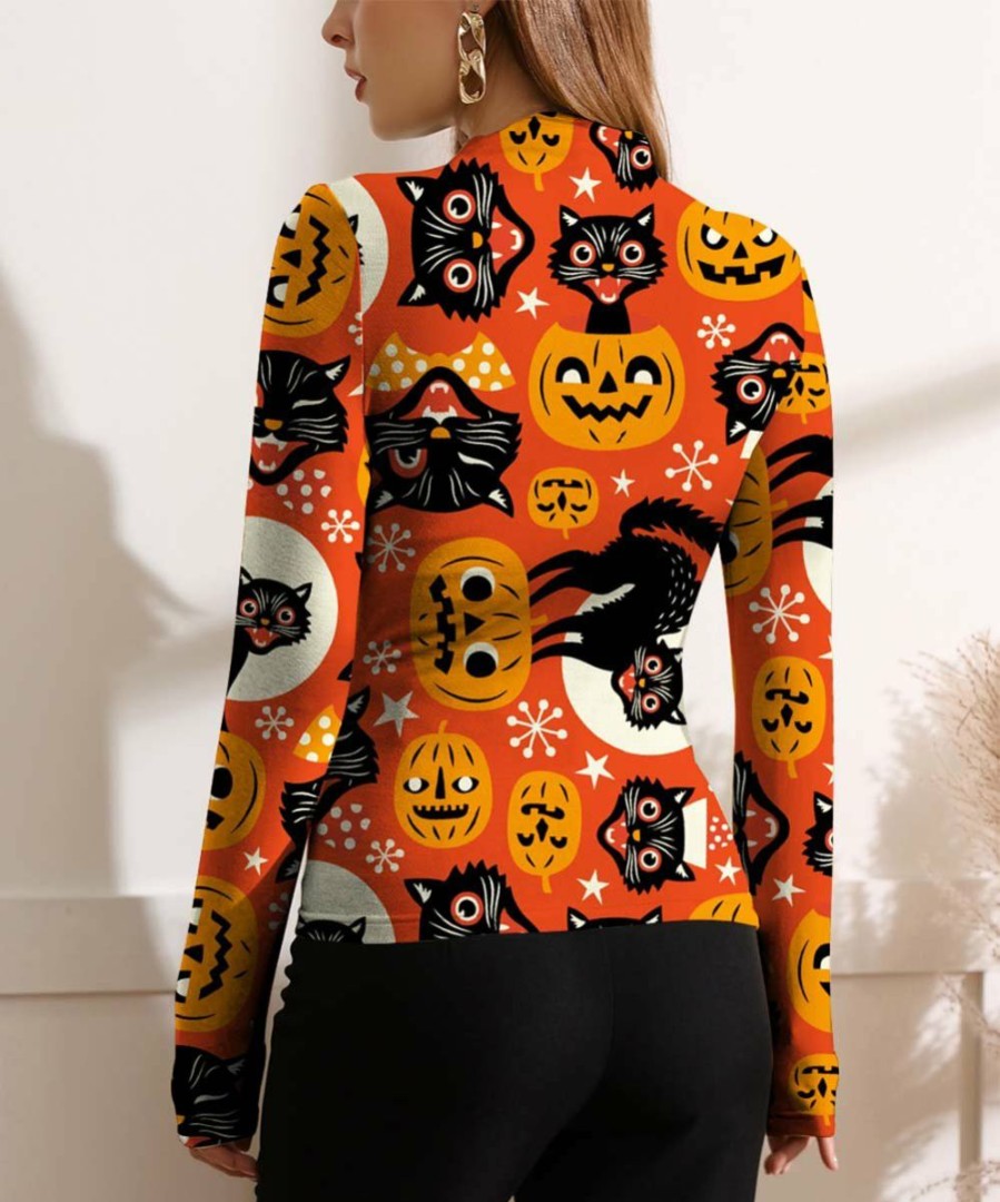 Womens Plus * | New Izuria Orange & Black Pumpkin Cat Ruched Long-Sleeve Top Women