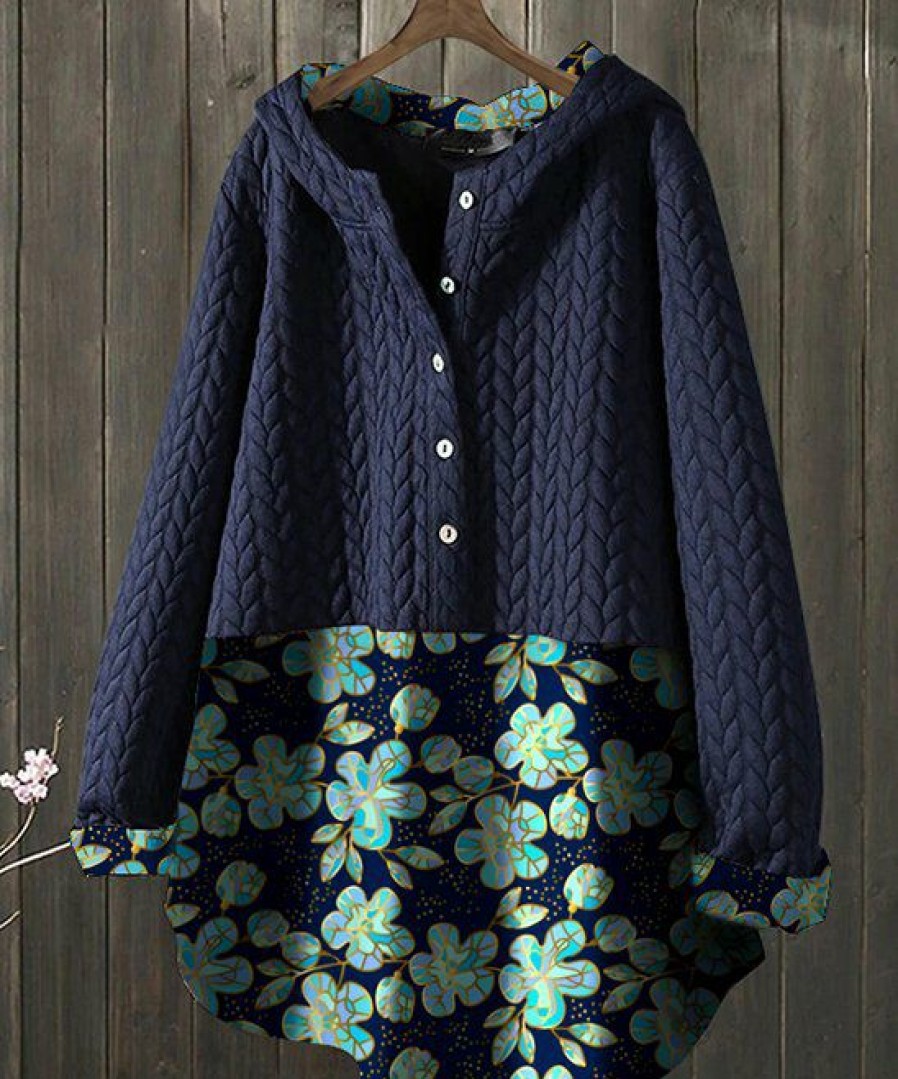 Women * | Outlet Izuria Navy & Blue Floral Button-Front Swing Hoodie Women