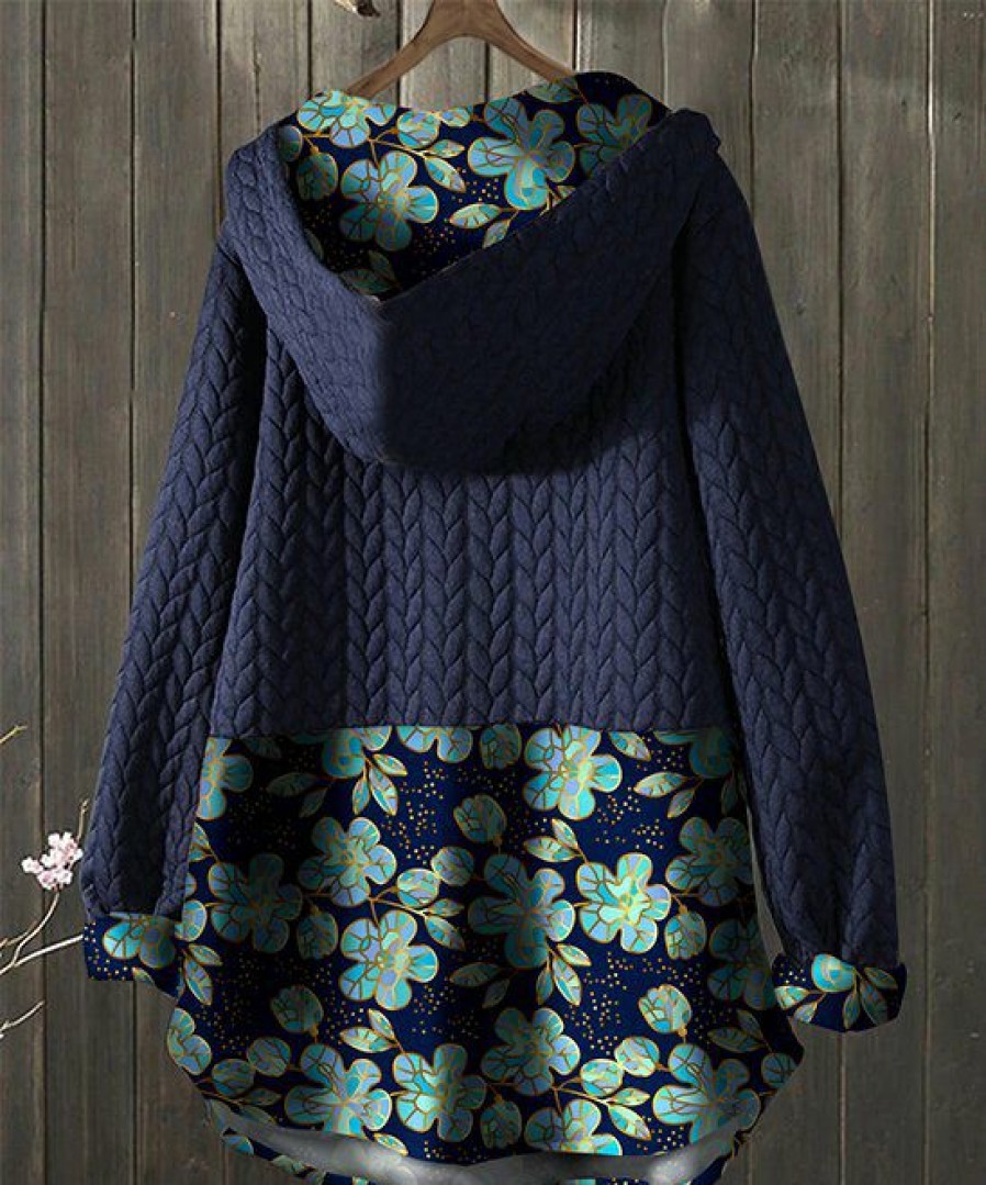 Women * | Outlet Izuria Navy & Blue Floral Button-Front Swing Hoodie Women