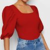 Womens Plus * | Promo Izuria Red Puff-Sleeve Square Neck Top Plus