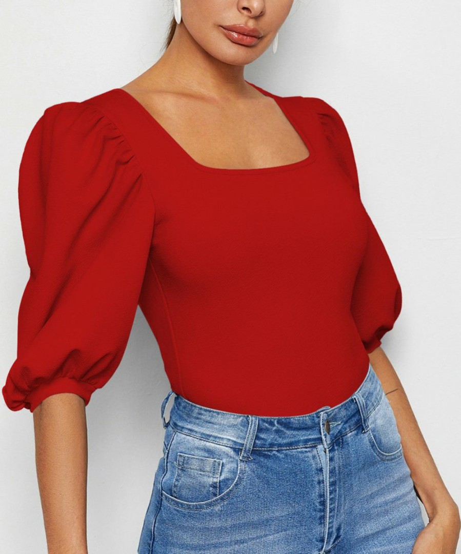 Womens Plus * | Promo Izuria Red Puff-Sleeve Square Neck Top Plus