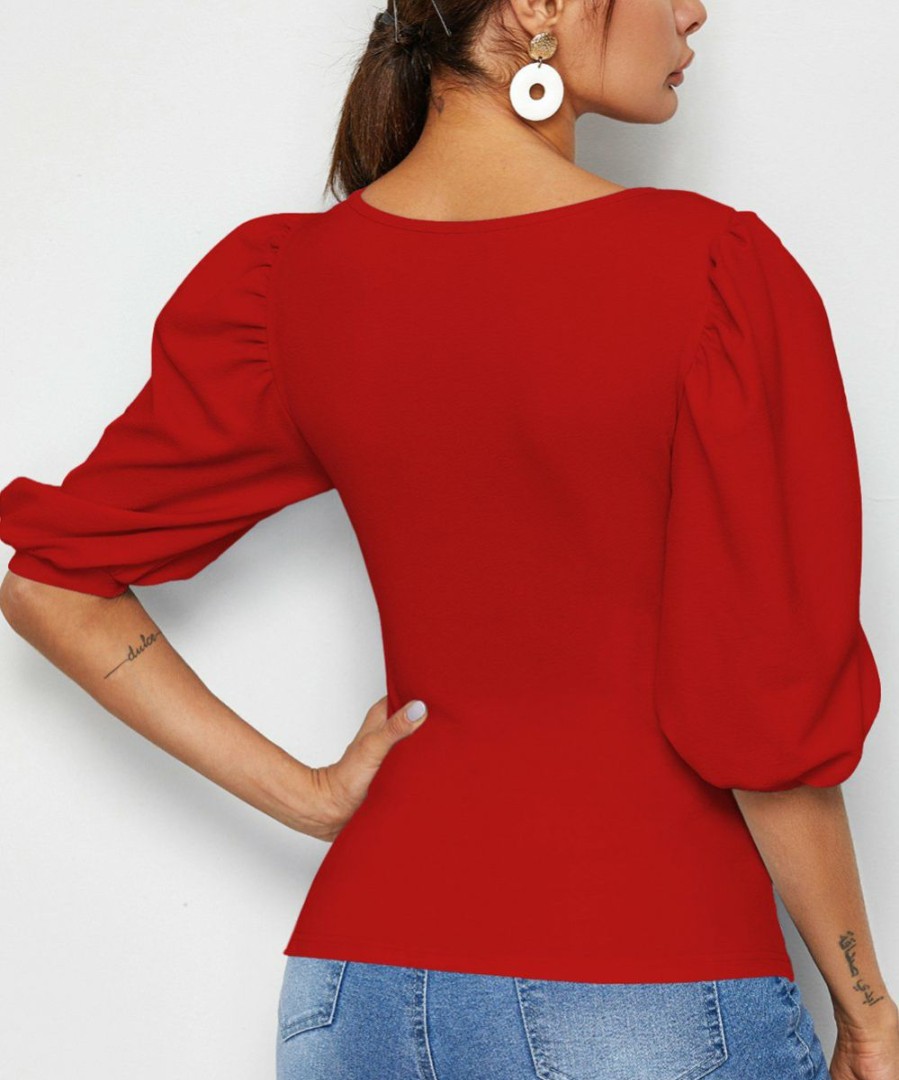 Womens Plus * | Promo Izuria Red Puff-Sleeve Square Neck Top Plus