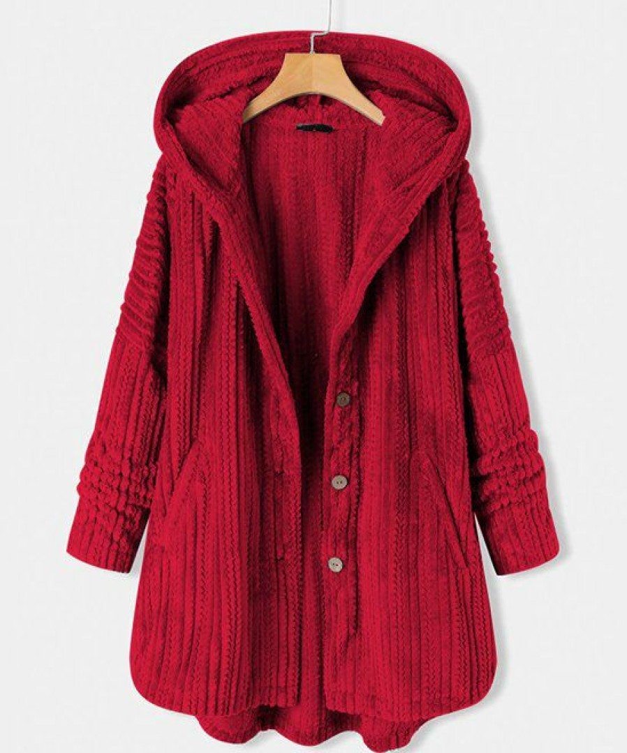 Women * | Cheap Izuria Red Cable-Knit Hooded Button-Up Jacket Women