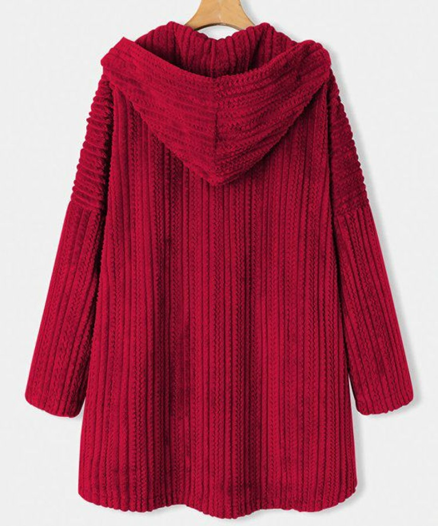 Women * | Cheap Izuria Red Cable-Knit Hooded Button-Up Jacket Women