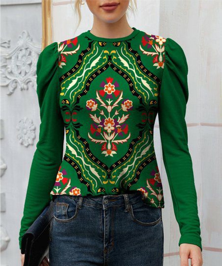 Women * | New Izuria Green & Red Floral Mutton-Sleeve Top Women & Plus