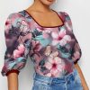 Womens Plus * | Flash Sale Izuria Purple & Pink Floral Puff-Sleeve Square Neck Top Women & Plus