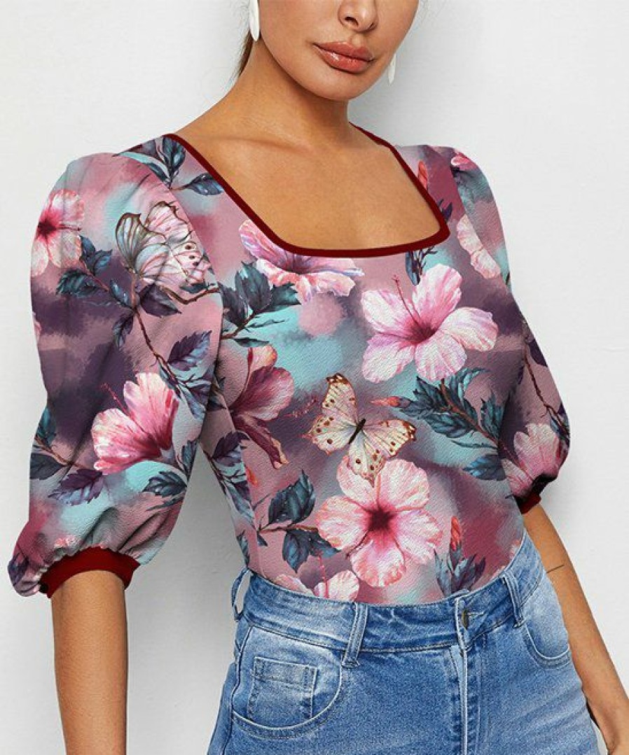 Womens Plus * | Flash Sale Izuria Purple & Pink Floral Puff-Sleeve Square Neck Top Women & Plus