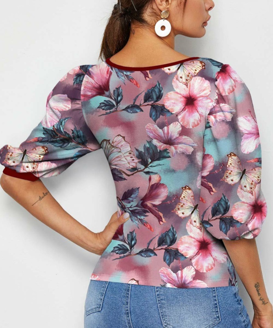 Womens Plus * | Flash Sale Izuria Purple & Pink Floral Puff-Sleeve Square Neck Top Women & Plus