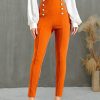 Women * | Deals Izuria Orange Button-Accent Elastic-Waist Crop Skinny Pants Women & Plus