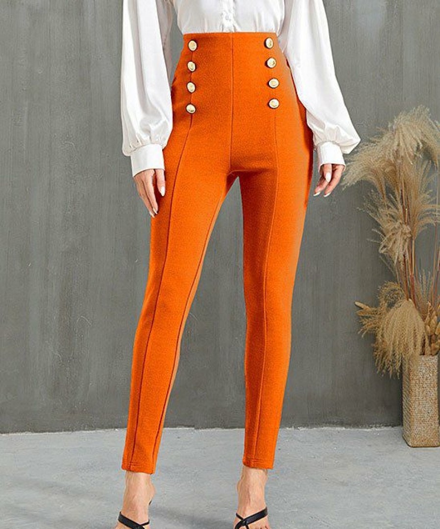 Women * | Deals Izuria Orange Button-Accent Elastic-Waist Crop Skinny Pants Women & Plus