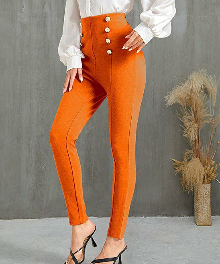 Women * | Deals Izuria Orange Button-Accent Elastic-Waist Crop Skinny Pants Women & Plus