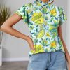 Women * | Hot Sale Izuria Blue & Yellow Floral Mock Neck Flutter-Sleeve Top Plus