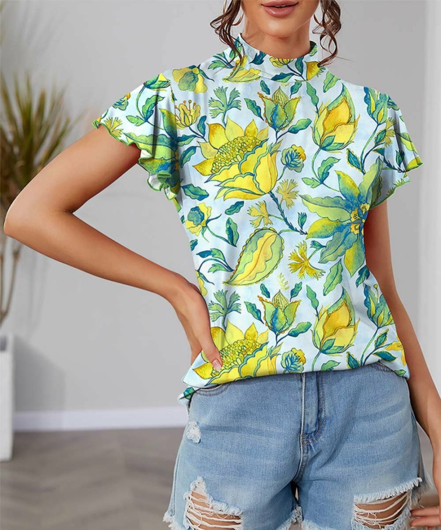 Women * | Hot Sale Izuria Blue & Yellow Floral Mock Neck Flutter-Sleeve Top Plus