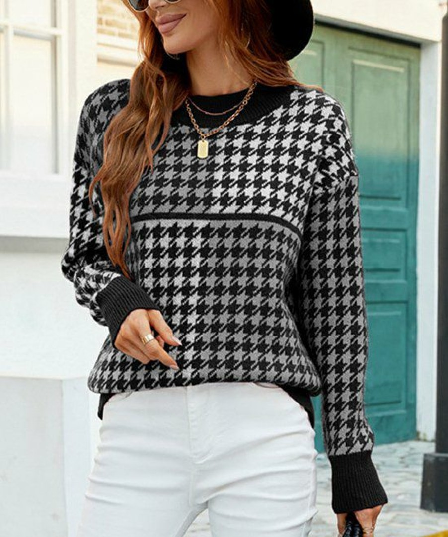 Women * | Budget Izuria Black & White Houndstooth Mock Neck Sweater Women