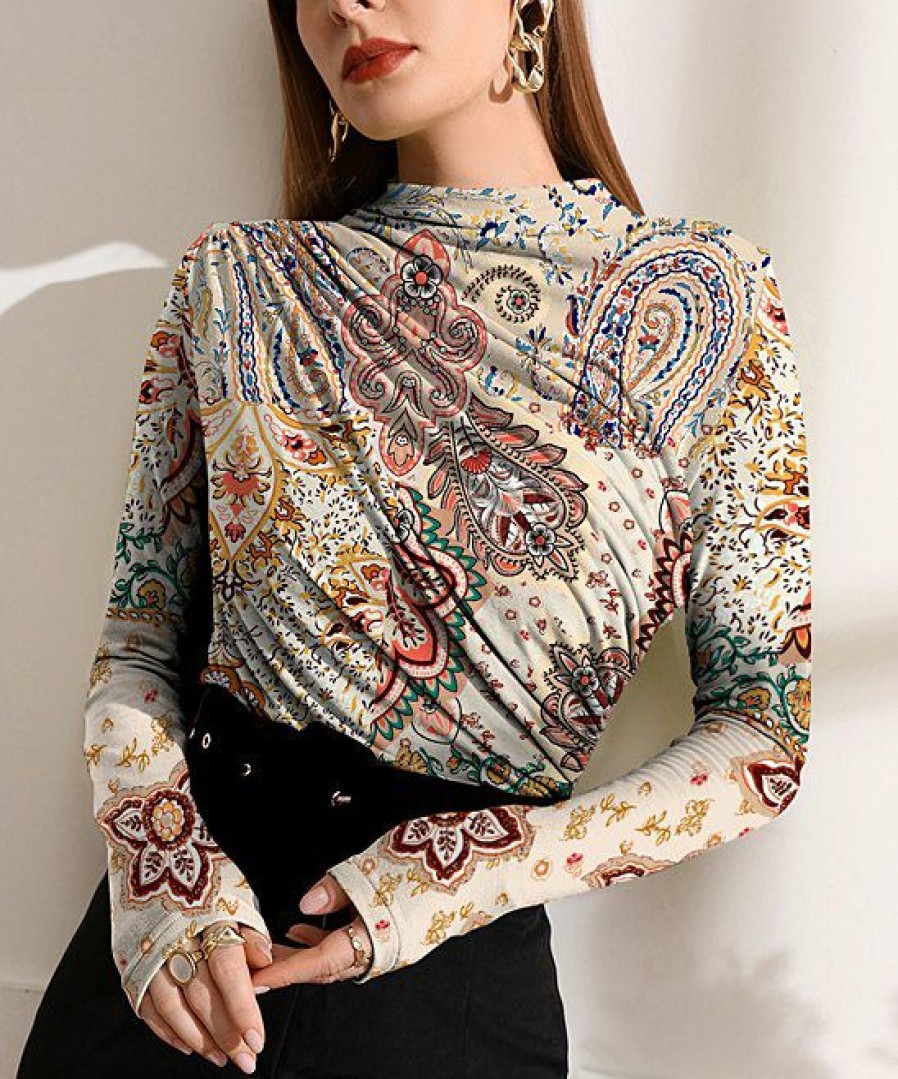 Women * | Deals Izuria Apricot & Coral Paisley Ruched-Front Long-Sleeve Top Women & Plus