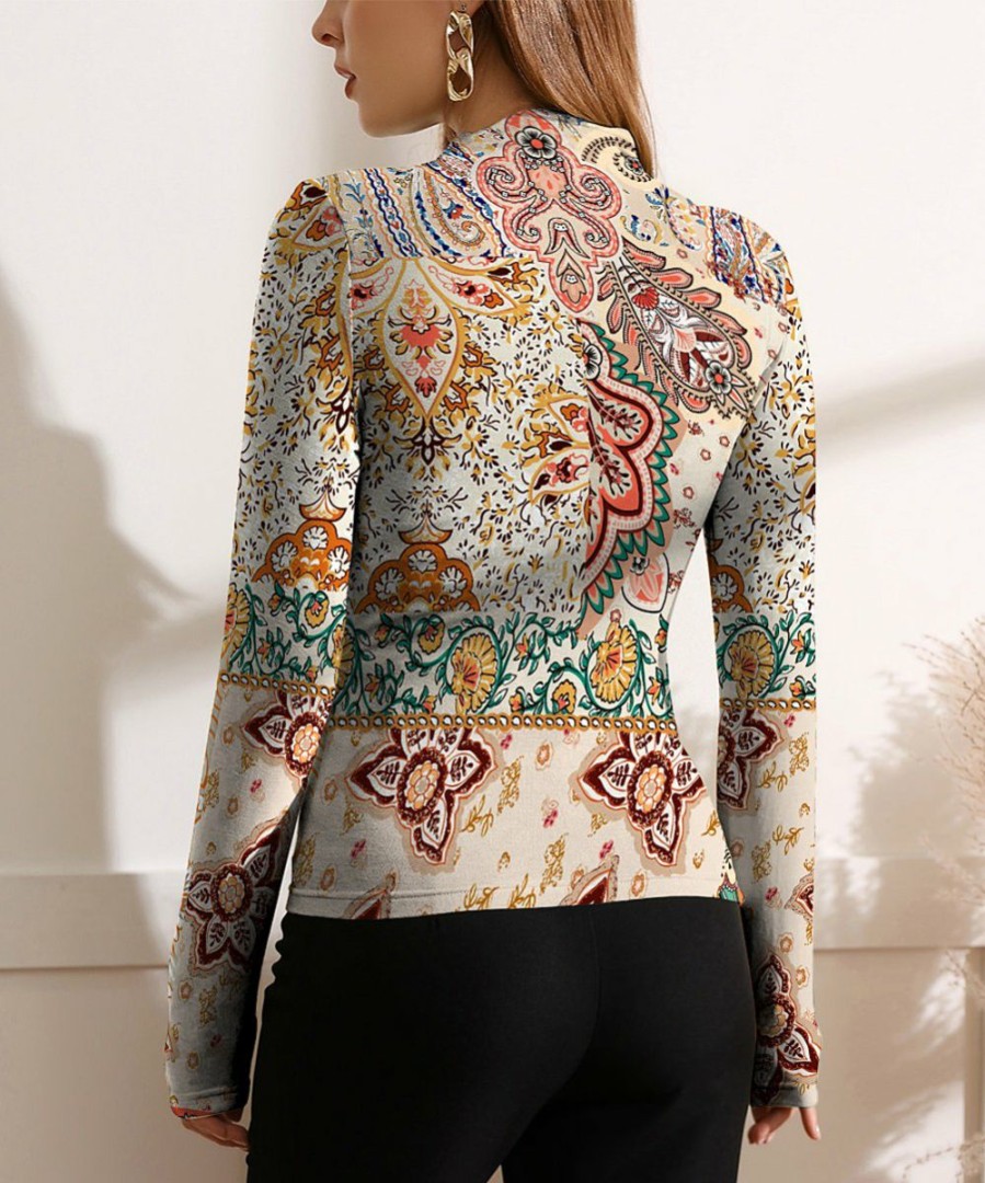 Women * | Deals Izuria Apricot & Coral Paisley Ruched-Front Long-Sleeve Top Women & Plus