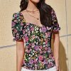 Womens Plus * | Cheap Izuria Black & Pink Floral Puff-Sleeve Sweetheart Top Women