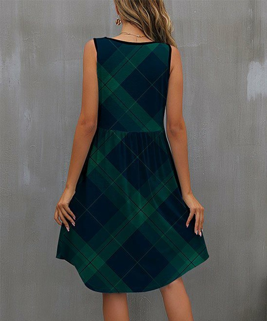 Women * | Promo Izuria Navy & Green Plaid Sleeveless Empire-Waist Dress Plus