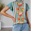 Womens Plus * | Discount Izuria Aqua & Orange Floral Stripe Mock-Neck Flutter-Sleeve Top Plus