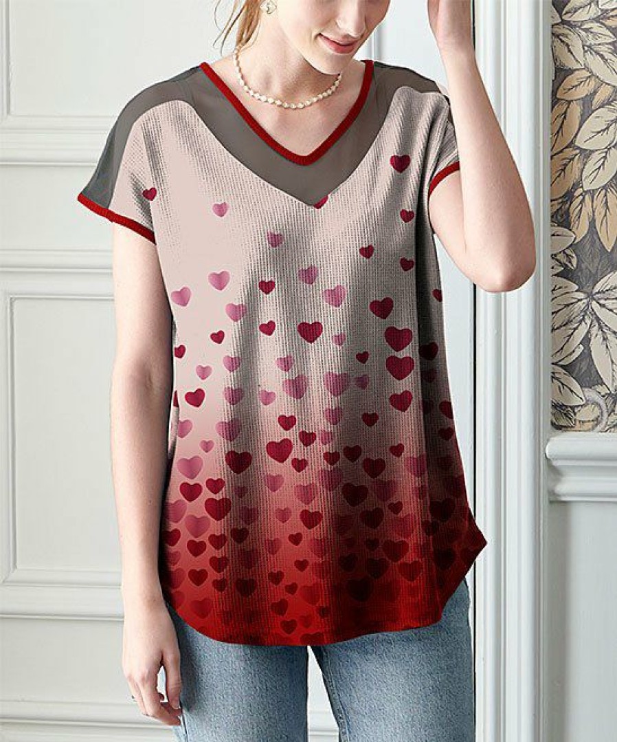 Women * | Outlet Izuria Red & Pink Heart Mesh-Accent V-Neck Top Plus