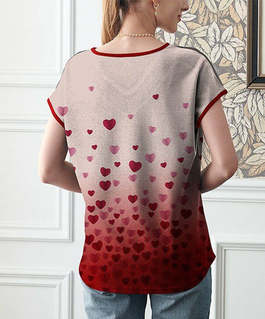 Women * | Outlet Izuria Red & Pink Heart Mesh-Accent V-Neck Top Plus