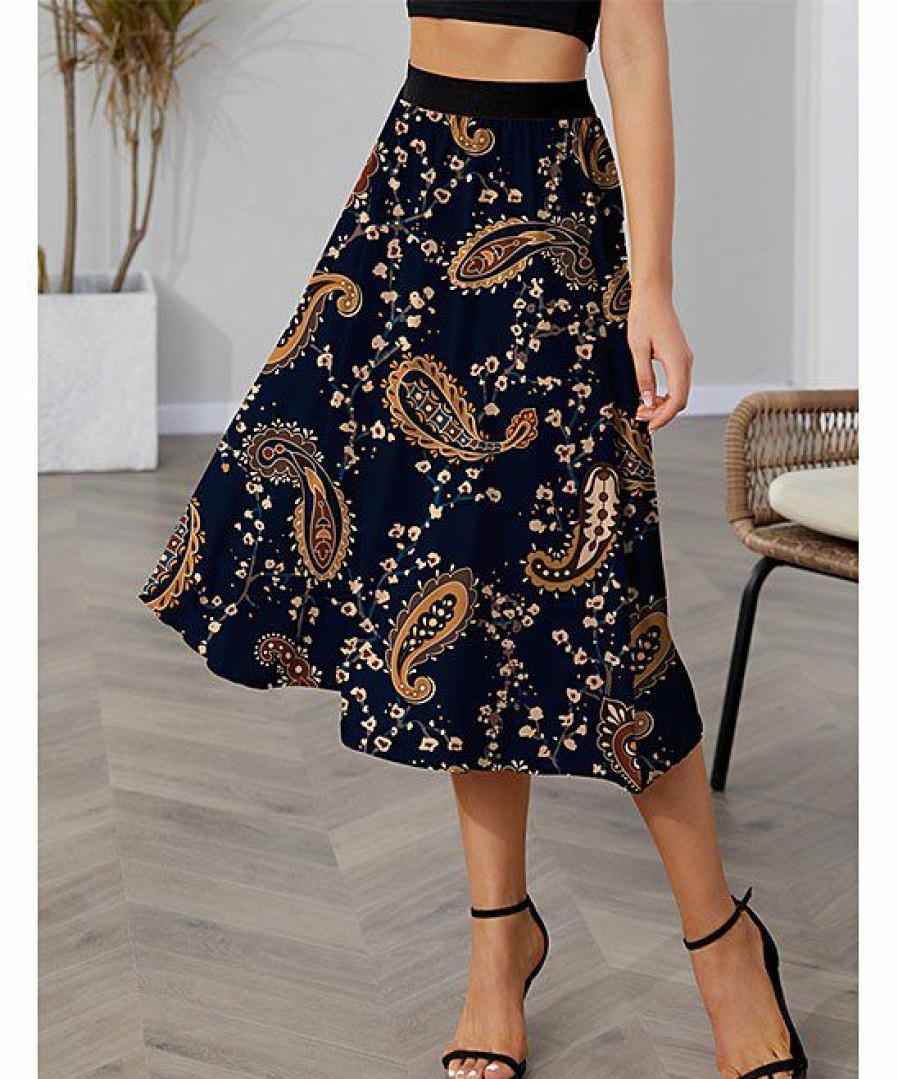 Women * | Coupon Izuria Navy & Brown Paisley Elastic-Waist Midi Skirt Women