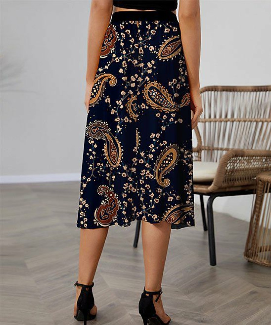 Women * | Coupon Izuria Navy & Brown Paisley Elastic-Waist Midi Skirt Women