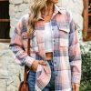 Women * | New Izuria Pink & Blue Plaid Pocket Button-Up Hi-Low Shacket Women & Plus