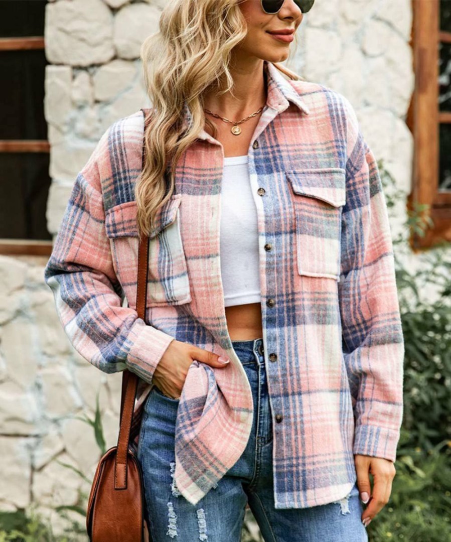 Women * | New Izuria Pink & Blue Plaid Pocket Button-Up Hi-Low Shacket Women & Plus