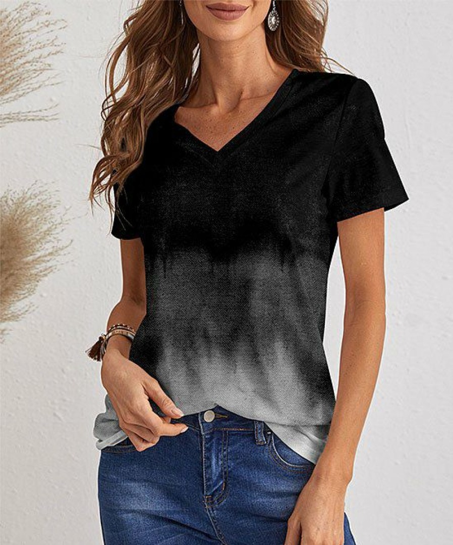 Women * | Best Deal Izuria Black & Gray Ombre V-Neck Tee Women & Plus